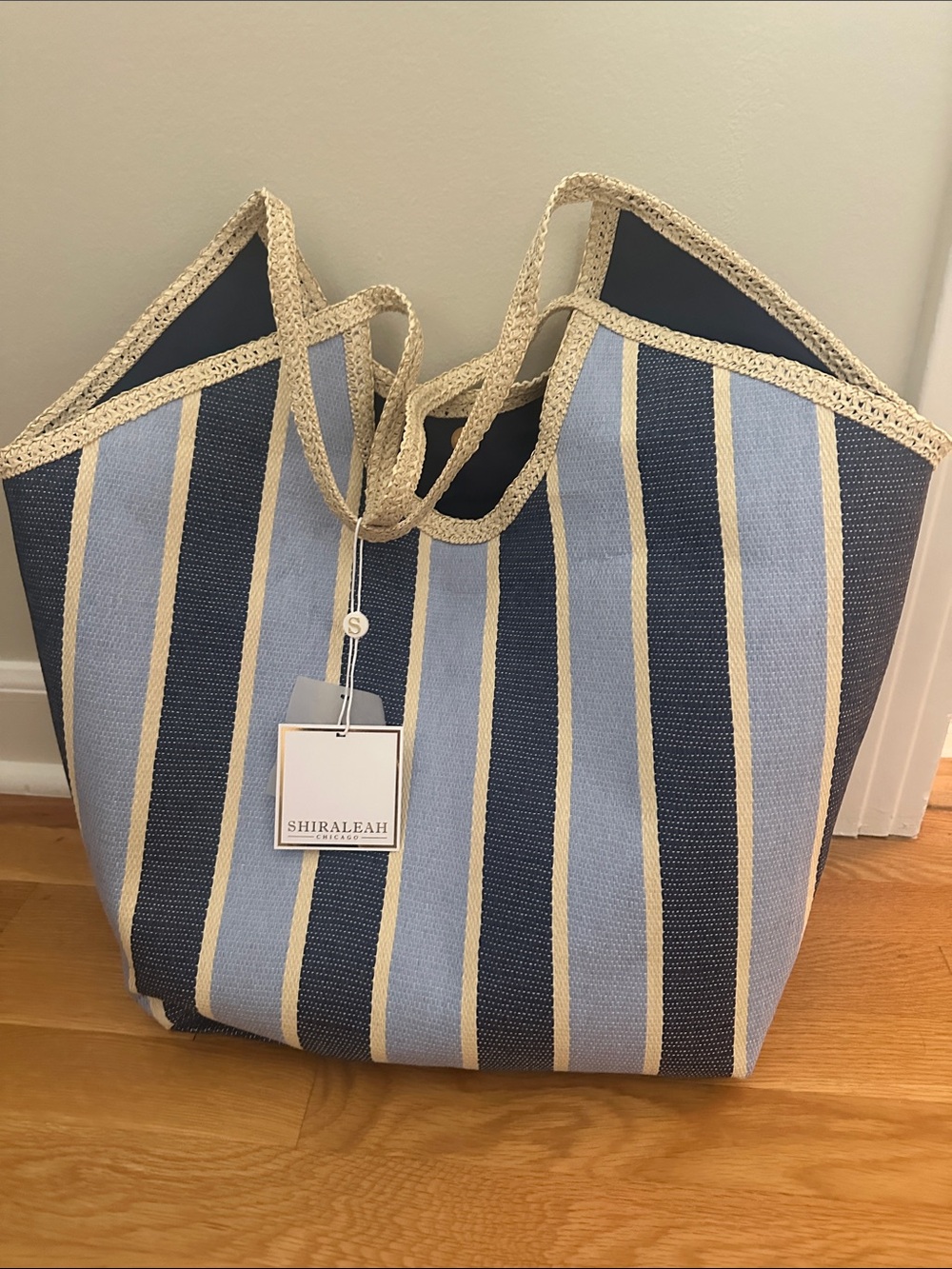 Shiraleah Navy and Light Blue Striped Tote with Cream Trim